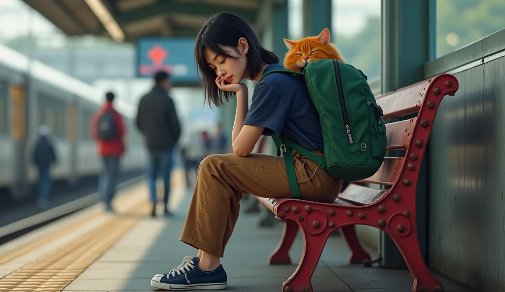 a tired sleepy 29 yo. Japanese woman , medium short mullet messy side hair,wear navy shirt , brown trousers, navy Skechers go walk , is sitting on old red steel bench at train station platform. sHe is carrying a enormous green backpack with American short hair orange chubby cat inside, with her elbow resting on knee and a relaxing expression