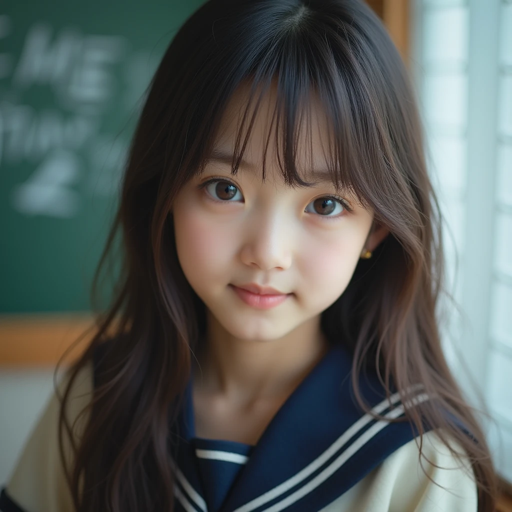 cute face, A young teacher stands in front of a blackboard