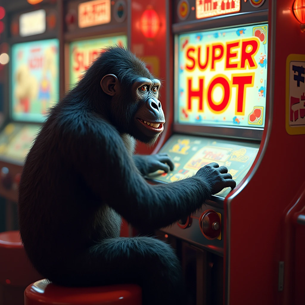 gorilla、Playing pachinko、The words &quot;Super Hot&quot; appear on the screen of a pachinko machine、gorillaの後ろから撮っている、looking at the camera、smile、comical