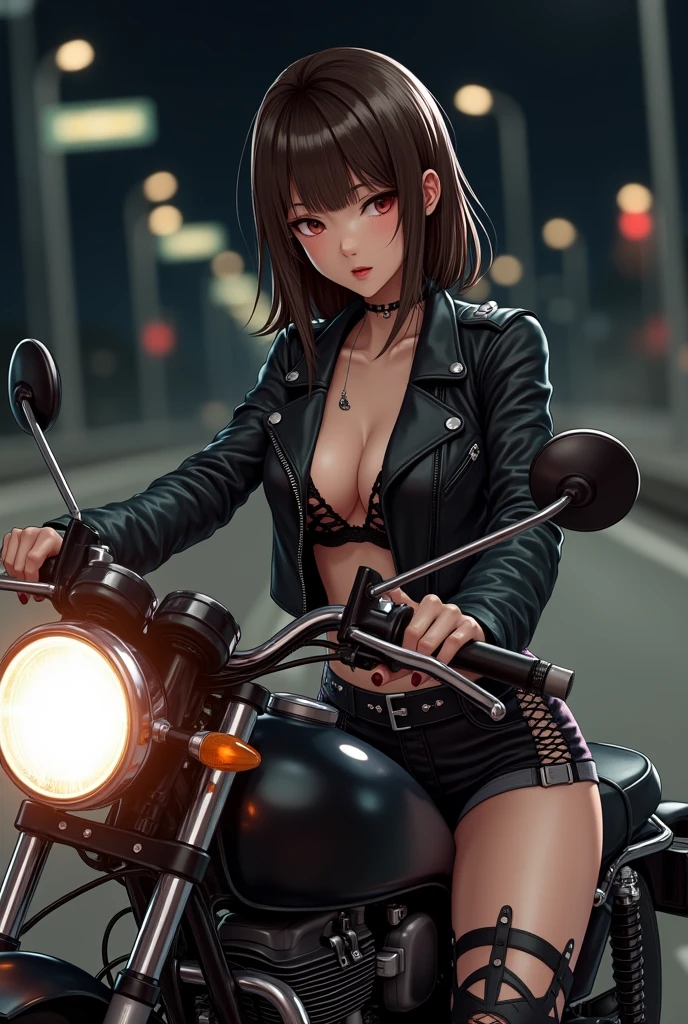 1 Female, 0,Ladies Bosozoku , Japanese, Red lips, Photographed from diagonally in front, Leather jacket,Lace panti pads, Get on a bike, Tattoo, Brown Hair , Realistic, background:Night NationHighway