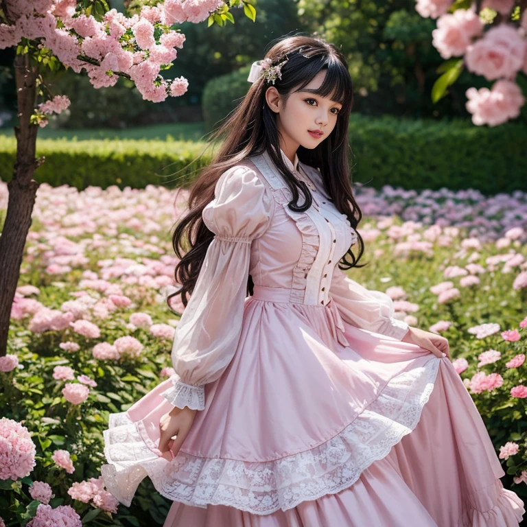 Side view,side angle, Bow tie at the back of the waist, There is a bow on the back,Sideways photo, Skirt length to calf, cupcake dress, Layered skirt with lace on each layer, Put on a lolita dress, layered dress, Pink Lolita dress, lots of lace, Long sleeve, Wide sleeves, Big Skirt, Layered lace skirt, Lace skirt,Puff sleeves, Wide sleeves, Transparent sleeves, intricate details showcase the ruffles and intricate designs of the Lolita dress, Wearing a lolita dress, in a sea of flowers, best quality, Delicate face,beautiful visual work, lifelike, eternity, black hair, Long curly hair, blunt bangs, Smile, Detailed Background, Delicate face,blush,cold,((masterpiece))、(top quality)、8k、high detail、Super detailed,41 years old,woman, masterpiece、born、Scenes resembling fairy tale illustrations、intricate details和複雜的設計、Beautifully、magic、capricious、 Beautifully、Dream aesthetics、「𝓡𝓸𝓶𝓪𝓷𝓽𝓲𝓬、ethereal、charming、fickle、magic」、realism、Visual effects、FXAA、SSAO、Shader、voiceless、ambient lighting、Tone mapping、High resolution、Ultra high quality、Million pixels、(8K resolution:1.10)、8k、8k以下、8K resolution、high detail、intricate details, (high quality:1.2、masterpiece:1.2、:1.21)、(41 years old,woman:1.21)、(興奮地Smile)、(Surrounded by a dreamy atmosphere、Model diagram,full-body shot,Normal 2 feet,Put your hands behind your back,Breast protrusion visible when wearing clothes, Large Breasts, H cup chest, pink dress, Don't show your fingers, full-body shot, full-body shot,full-body shot,full-body shot,full-body shot,full-body shot,full-body shot,full-body shot,Hands hidden in clothes, Hands hidden in clothes,Hands hidden in clothes,Hands hidden in clothes,Hands hidden in clothes,Hands hidden in clothes,Hands hidden in clothes,Hands hidden in clothes,Hands hidden in clothes, ,Hide your hands in your sleeves ,Hide your hands in your sleeves ,Hide your hands in your sleeves ,Hide your hands in your sleeves ,Hide your hands in your sleeves ,Hide your hands in your sleeves ,Hide your hands in your sleeves ,Hide your hands in your sleeves,skirt length to calf, full body photo,full body view,side view
