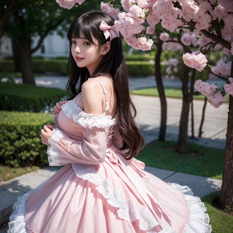 Side view,side angle, Bow tie at the back of the waist, There is a bow on the back,Sideways photo, Skirt length to calf, cupcake dress, Layered skirt with lace on each layer, Put on a lolita dress, layered dress, Pink Lolita dress, lots of lace, Long sleeve, Wide sleeves, Big Skirt, Layered lace skirt, Lace skirt,Puff sleeves, Wide sleeves, Transparent sleeves, intricate details showcase the ruffles and intricate designs of the Lolita dress, Wearing a lolita dress, in a sea of flowers, best quality, Delicate face,beautiful visual work, lifelike, eternity, black hair, Long curly hair, blunt bangs, Smile, Detailed Background, Delicate face,blush,cold,((masterpiece))、(top quality)、8k、high detail、Super detailed,41 years old,woman, masterpiece、born、Scenes resembling fairy tale illustrations、intricate details和複雜的設計、Beautifully、magic、capricious、 Beautifully、Dream aesthetics、「𝓡𝓸𝓶𝓪𝓷𝓽𝓲𝓬、ethereal、charming、fickle、magic」、realism、Visual effects、FXAA、SSAO、Shader、voiceless、ambient lighting、Tone mapping、High resolution、Ultra high quality、Million pixels、(8K resolution:1.10)、8k、8k以下、8K resolution、high detail、intricate details, (high quality:1.2、masterpiece:1.2、:1.21)、(41 years old,woman:1.21)、(興奮地Smile)、(Surrounded by a dreamy atmosphere、Model diagram,full-body shot,Normal 2 feet,Put your hands behind your back,Breast protrusion visible when wearing clothes, Large Breasts, H cup chest, pink dress, Don't show your fingers, full-body shot, full-body shot,full-body shot,full-body shot,full-body shot,full-body shot,full-body shot,full-body shot,Hands hidden in clothes, Hands hidden in clothes,Hands hidden in clothes,Hands hidden in clothes,Hands hidden in clothes,Hands hidden in clothes,Hands hidden in clothes,Hands hidden in clothes,Hands hidden in clothes, ,Hide your hands in your sleeves ,Hide your hands in your sleeves ,Hide your hands in your sleeves ,Hide your hands in your sleeves ,Hide your hands in your sleeves ,Hide your hands in your sleeves ,Hide your hands in your sleeves ,Hide your hands in your sleeves,skirt length to calf, full body photo,full body view,side view