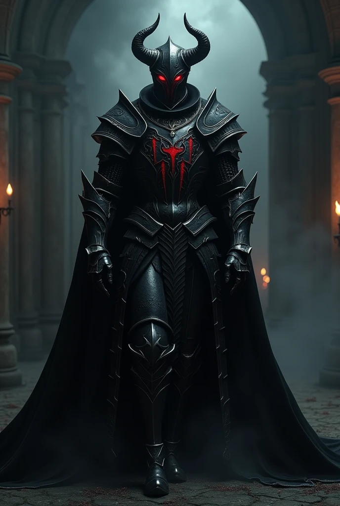 a dark demonic knight, knight in dark armor, medieval fantasy, Gothic horror, chiaroscuro lighting, moody atmosphere, glowing red eyes, sharp angular features, menacing presence, intricate armor details, ominous background, best quality, 8k, highres, masterpiece, ultra-detailed, photorealistic, studio lighting, dark fantasy art, dramatic lighting, cinematic composition