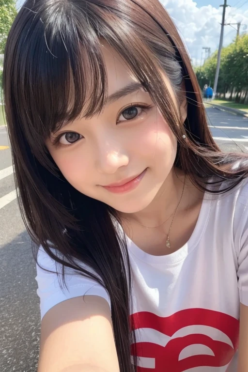 girl、Selfie、Similar to Ogura Yuko、T-Shirts、smile、A little bit of makeup、The focus is off