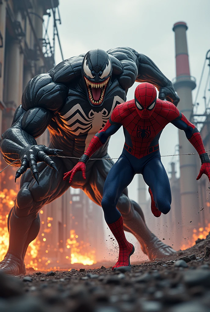 Spider-Man is seen swinging toward a power plant, with Venom chasing him, smashing through obstacles in his path. The power plant looms in the background, with electrical equipment visible, hinting at Spider-Man’s plan