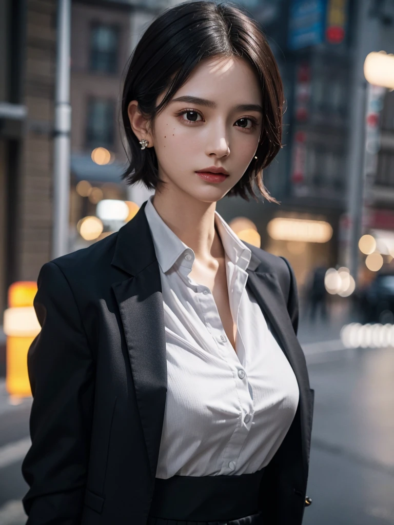 ((((masterpiece, best quality, high resolution)))), Extremely detailed 8K, Beautiful girl with slender body, (Ultra HD, Ultra-detailed, Highly detailed, Highly realistic, Ultra-realistic, photograph realistic), (1girl:1.5), (Realistic dark hair), short wavy hair, bob cut, (dynamic poses), facing at camera, light smile, (beautiful detailed face, beautiful detailed eyes), wide hips, (large breasts: 1.2), (huge breasts: 1.2), earrings, hands in pockets, lady office suit, cleavage, black pants, choker, cityscape scenery, street, night light, night time,