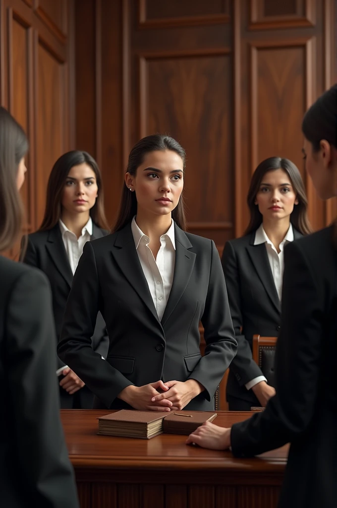 ((best quality)), ((masterpiece)), ((realistic)), determined female lawyer, wearing a professional suit, holding a briefcase, standing in a courtroom, (Legal Advocate:1.1), (sharp legal acumen:1.2), (powerful courtroom presence:1.1), (high-resolution:1.2), --auto