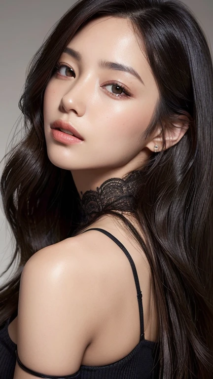 （（surreal、Super detailed image, maybe a photo.，Captures the details of the skin texture of an incredibly beautiful woman..））long black wavy straight hair with hair straightener