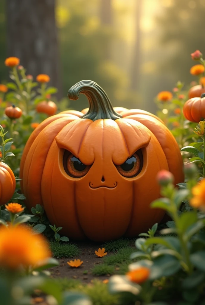 The cunning pumpkin with eyes in the garden