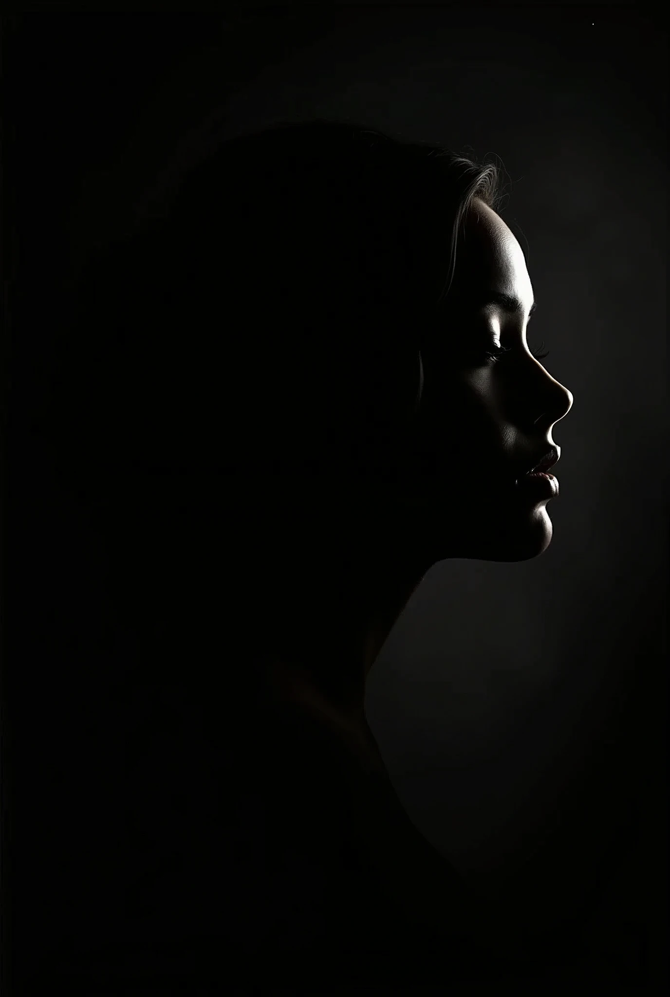 (photorealism:1.2), Silhouette of a woman's face on a darker black background
