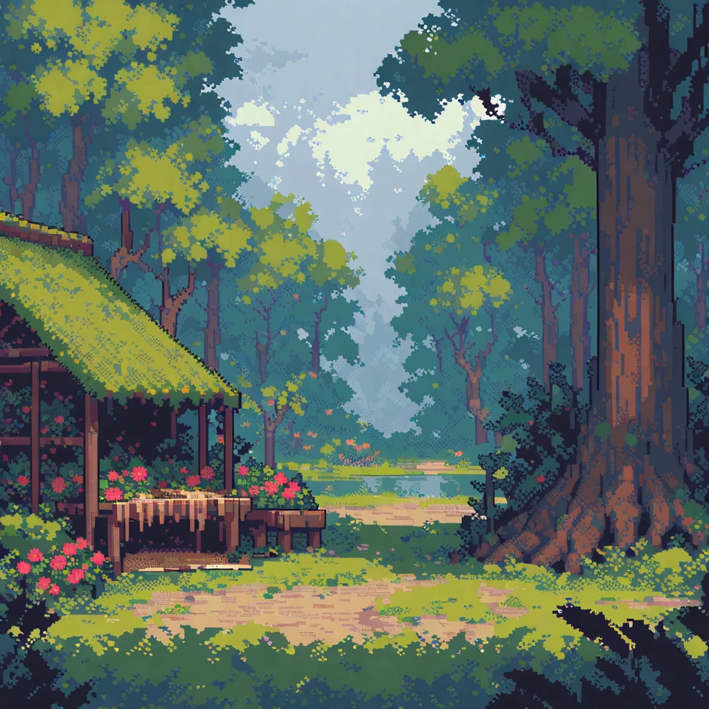 (masterpiece, best quality:1.2), pixel art, forest, garden, wood, depression