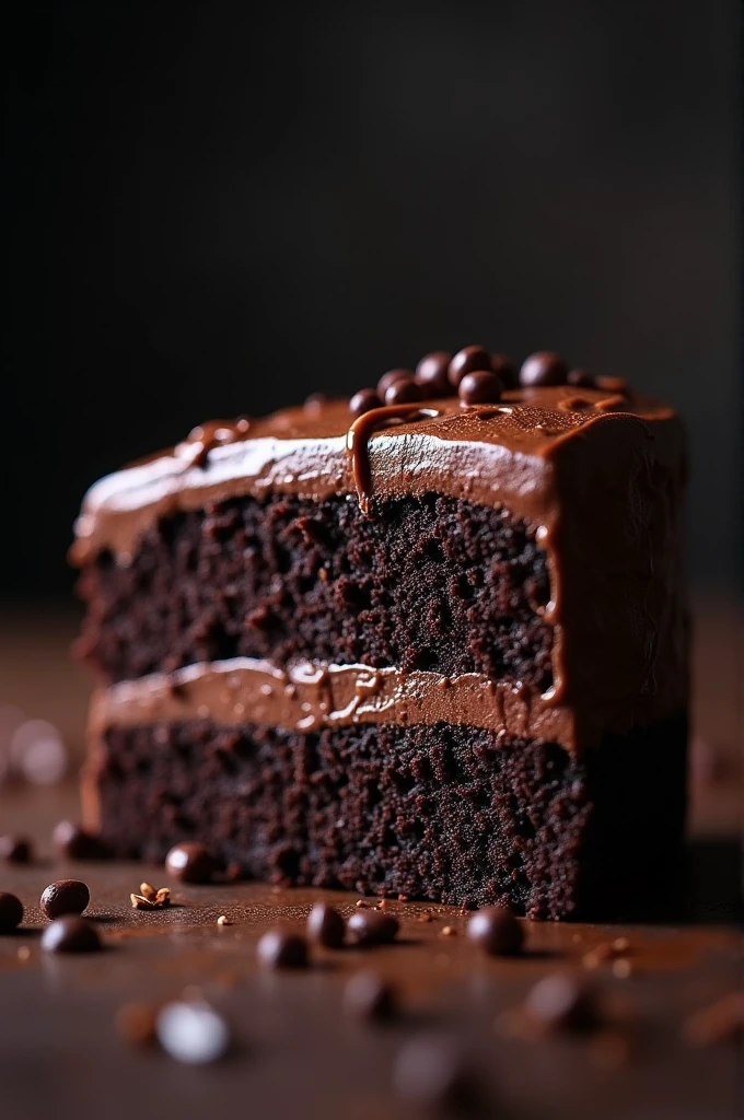 cinematic film still chocolate, chocolate cake, dark background, quality photo, moist texture, frosting, studio photo, slice . shallow depth of field, vignette, highly detailed, high budget, bokeh, cinemascope, moody, epic, gorgeous, film grain, grainy