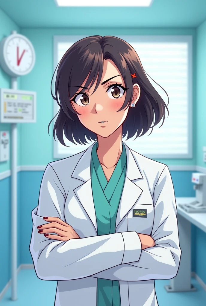 fierce girl with medium length haired, wearing a white medical coat. Cartoon version