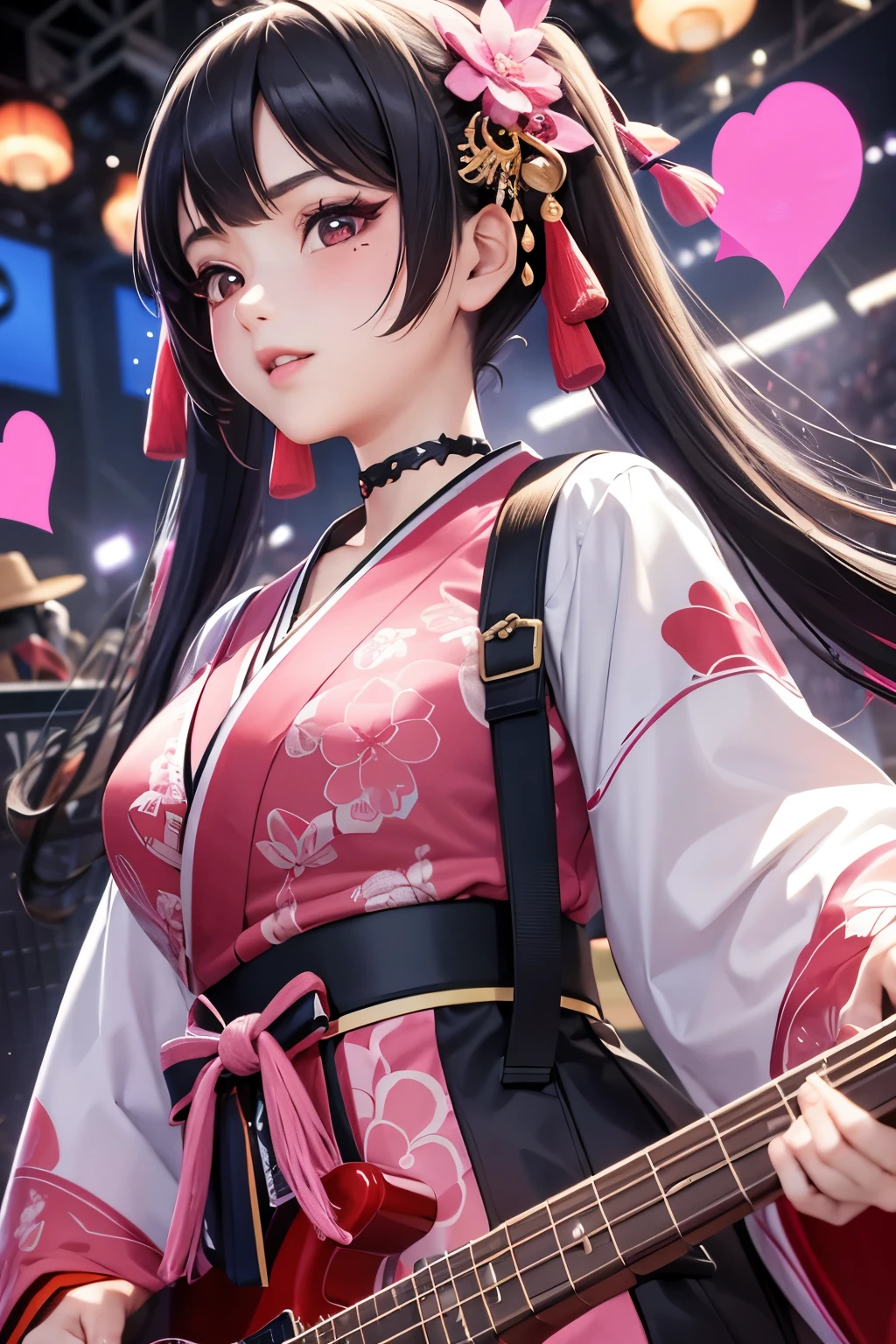 masterpiece, best quality, highly detailed, high resolution, expensive resolution, high resolution, 4k, 8k, Unity 8k wallpaper, highly detailed CG, masterpiece, 2d, 3d, beautiful details, depth, fine texture, best quality: 1.3, perfect focus, crispy skin, he, very cute anime girl, beautiful and cute girl in band playing bass guitar and singing in band wearing Japanese fancy patterned haori hakama on outdoor stage, full body, expensive black hair with pink inner short twin tail hair, mole under eye, looking at the viewer, expensive, blush, mole, open lips, , heart shaped choker, pink eyes, bass guitar, vocals, stage, outdoor festival stage