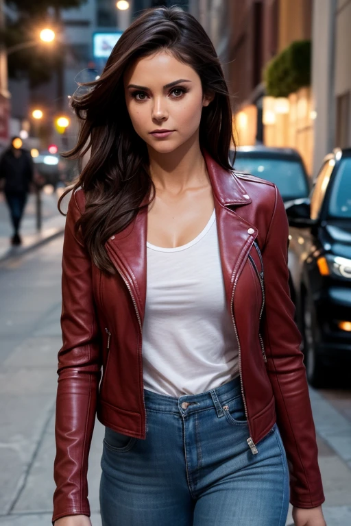 Best quality, realistic, from the front in first person, Nina Dobrev on the streets of Los Angeles, (a female mexican Supermodel), (sexy red leather jacket :1.1), split, seductive smile, (dark hair), (hairstyle:1.0), Perfect eyes, sharp parts, detailed face, face-makeup, cheeks turn red, Eyeliner, eyeshadow, lip gloss, Supermodel, (Deep Focus), (hard lighting), (Night time), (realistic lighting:1.0)