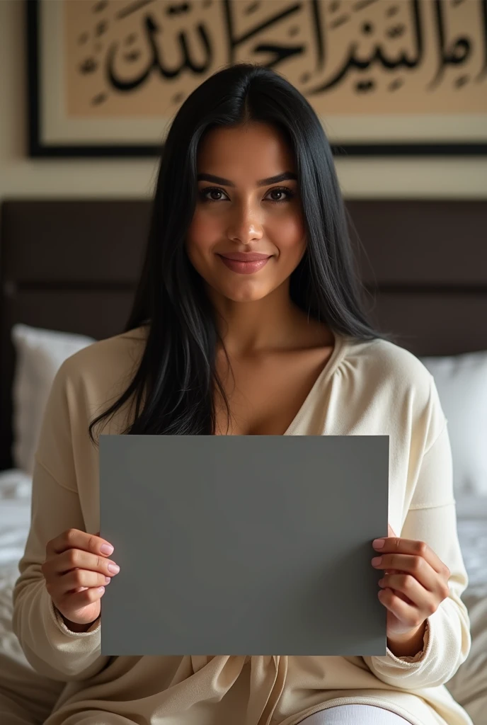 Une femme brune. Les cheveux raides, pas longs, de couleurs noirs. Une femme un peu volumineuse par sa forme physique. Assise dans une grande chambre d'hôtel, sur un lit de l'hôtel, souriante, la tête droite, le regard droit fixé vers l'avant, portant dans ses mains une grande photo qu'elle montre bien vers l'avant de sorte que la photo qu'elle montre soit un peu décollée de sa poitrine et derrière elle, accroché sur le mur, un tableau avec des écritures en arabe bien lisible.