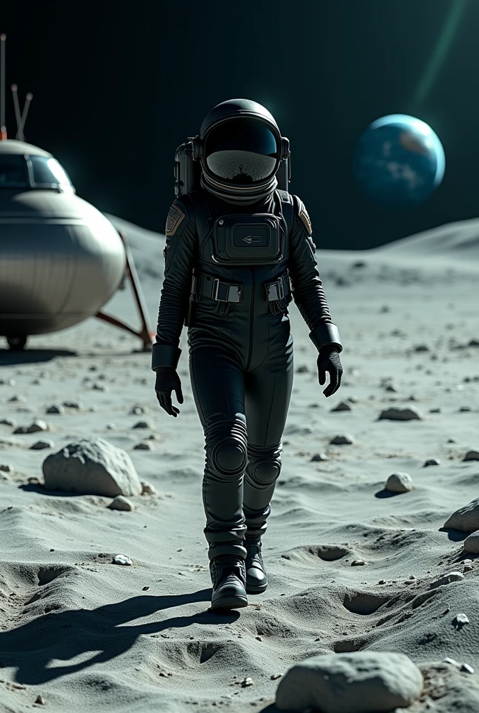 Astronaut, Black suit, walk on The moon, spacecraft landed behind her, earth on The Horizon. Cinema style, 4k, great angular