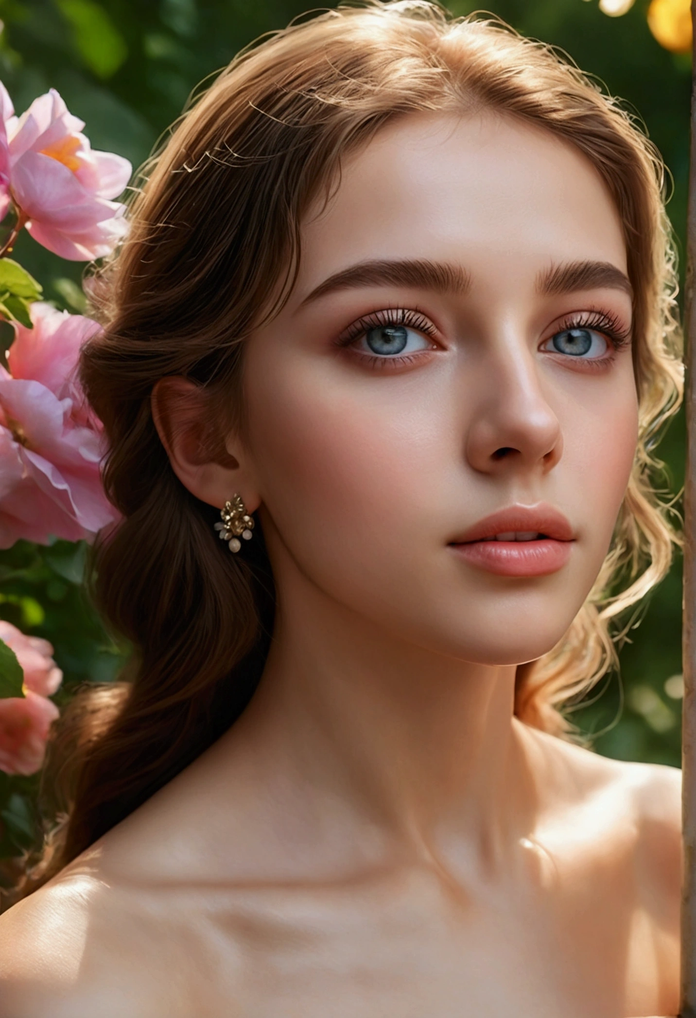 A pretty naked girl, 1girl, beautiful detailed eyes, beautiful detailed lips, extremely detailed eyes and face, long eyelashes, elegant expression, graceful pose, outdoor garden setting, lush foliage, vibrant flowers, warm sunlight, (best quality,4k,8k,highres,masterpiece:1.2),ultra-detailed,(realistic,photorealistic,photo-realistic:1.37),highly detailed, cinematic lighting, intricate details, vibrant colors, soft focus, romantic atmosphere