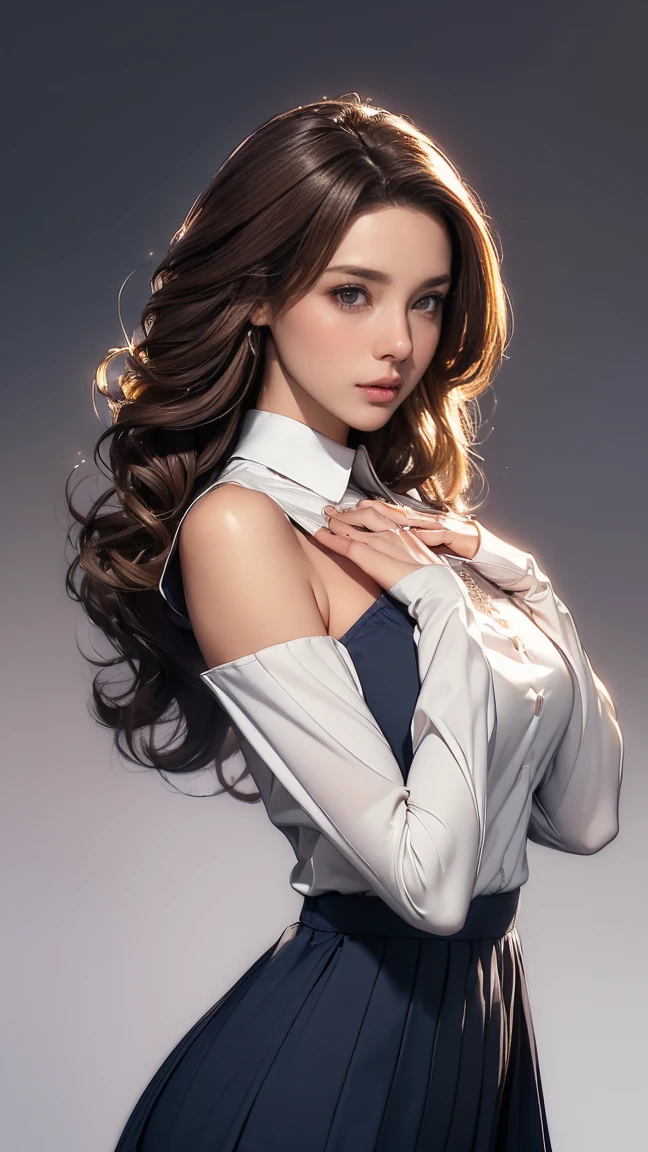 ((Highest quality,4K,High resolution,masterpiece:1.2)),((Character Concept Art)), 1 female, 20-year-old women, ((Shoulder-length brown hair、Hair curled loosely inwards)), (Skin as white as snow), Very detailed eyes (Brown Eye Color), have confidence, beautiful, slim body build, Big Breasts、((Intricate details)), Very finely crafted needles, Very finely crafted fingers(((10 fingers))), ((Mini bottan up navy dress_long sleeves_with white collared brouse_white collared cuff_mini skirt of the edge is white colouerd:1.3)), (Full-body showcase), (Show whole body),A shy smile、((In the hustle and bustle of the city:1.2))、((Standing with grace、left Hand on her chin:1.5))