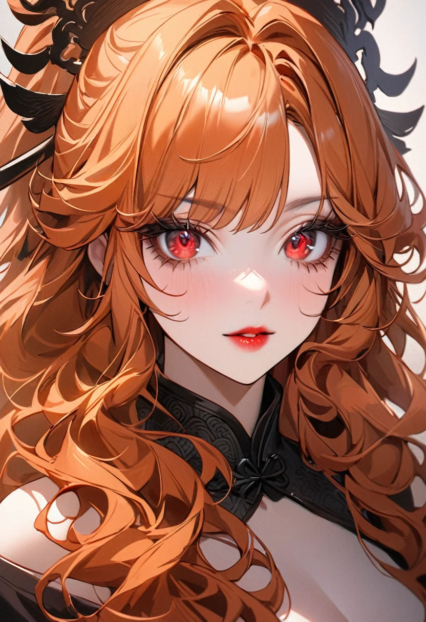 ((best quality)), ((Masterpiece)), (details), 1 female, adult, look good, beautiful, ใบหน้าbeautifulมาก, Intricately drawn eyes, Long eyelashes, Thick eyelashes, long hair, long wavy hair, Ginger hair, orange hair, red eyes, portrait photography, Mouth closed, ancient china, red lips
