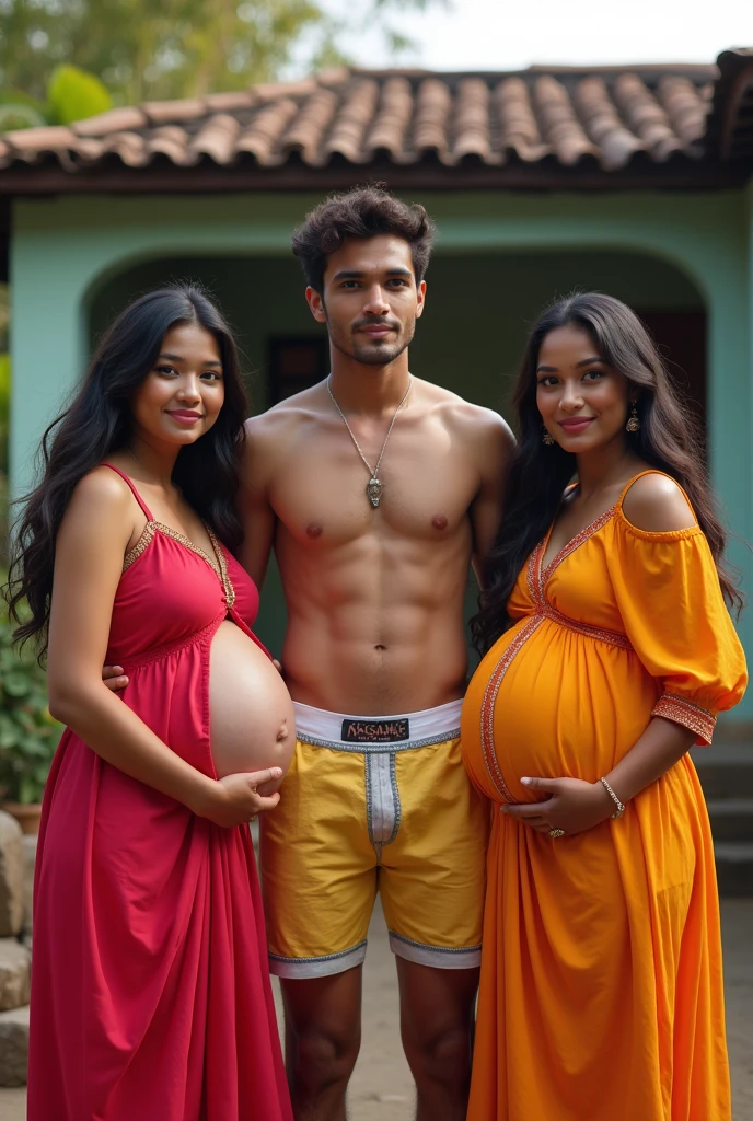 2 beautiful young Indonesian women with long hair, curvy and cute,and a handsome young man, muscular body, Two heavily pregnant women are wearing long Punjabi dresses, holding their stomachs, while a man stands in the middle, shirtless in only boxer shorts, taking a selfie in front of the house.