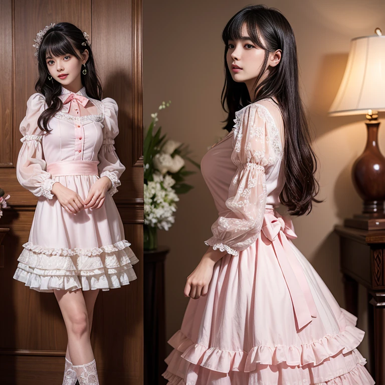 Side view,side angle, Bow tie at the back of the waist, There is a bow on the back,Sideways photo, Skirt length to calf, cupcake dress, Layered skirt with lace on each layer, Put on a lolita dress, layered dress, Pink Lolita dress, lots of lace, Long sleeve, Wide sleeves, Big Skirt, Layered lace skirt, Lace skirt,Puff sleeves, Wide sleeves, Transparent sleeves, intricate details showcase the ruffles and intricate designs of the Lolita dress, Wearing a lolita dress, in a sea of flowers, best quality, Delicate face,beautiful visual work, lifelike, eternity, black hair, Long curly hair, blunt bangs, Smile, Detailed Background, Delicate face,blush,cold,((masterpiece))、(top quality)、8k、high detail、Super detailed,41 years old,woman, masterpiece、born、Scenes resembling fairy tale illustrations、intricate details和複雜的設計、Beautifully、magic、capricious、 Beautifully、Dream aesthetics、「𝓡𝓸𝓶𝓪𝓷𝓽𝓲𝓬、ethereal、charming、fickle、magic」、realism、Visual effects、FXAA、SSAO、Shader、voiceless、ambient lighting、Tone mapping、High resolution、Ultra high quality、Million pixels、(8K resolution:1.10)、8k、8k以下、8K resolution、high detail、intricate details, (high quality:1.2、masterpiece:1.2、:1.21)、(41 years old,woman:1.21)、(興奮地Smile)、(Surrounded by a dreamy atmosphere、Model diagram,full-body shot,Normal 2 feet,Put your hands behind your back,Breast protrusion visible when wearing clothes, Large Breasts, H cup chest, pink dress, Don't show your fingers, full-body shot, full-body shot,full-body shot,full-body shot,full-body shot,full-body shot,full-body shot,full-body shot,Hands hidden in clothes, Hands hidden in clothes,Hands hidden in clothes,Hands hidden in clothes,Hands hidden in clothes,Hands hidden in clothes,Hands hidden in clothes,Hands hidden in clothes,Hands hidden in clothes, ,Hide your hands in your sleeves ,Hide your hands in your sleeves ,Hide your hands in your sleeves ,Hide your hands in your sleeves ,Hide your hands in your sleeves ,Hide your hands in your sleeves ,Hide your hands in your sleeves ,Hide your hands in your sleeves,skirt length to calf, full body photo,full body view,side view