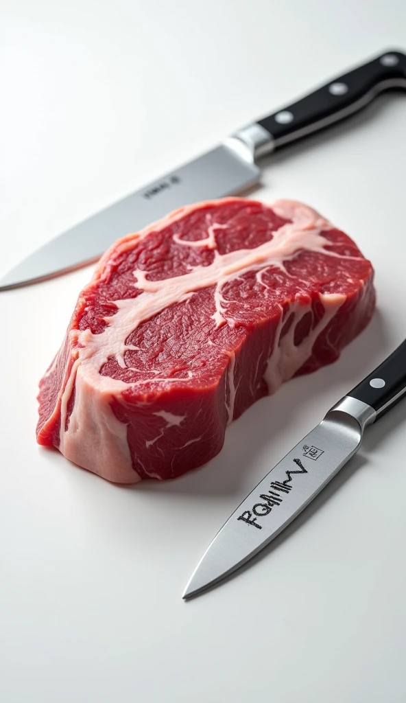 Create a hyper-realistic angular shot image of a fresh raw meat, which seems to be put on a white table, besides it I a knife with the text VMAM casually written on the knife as brand name.