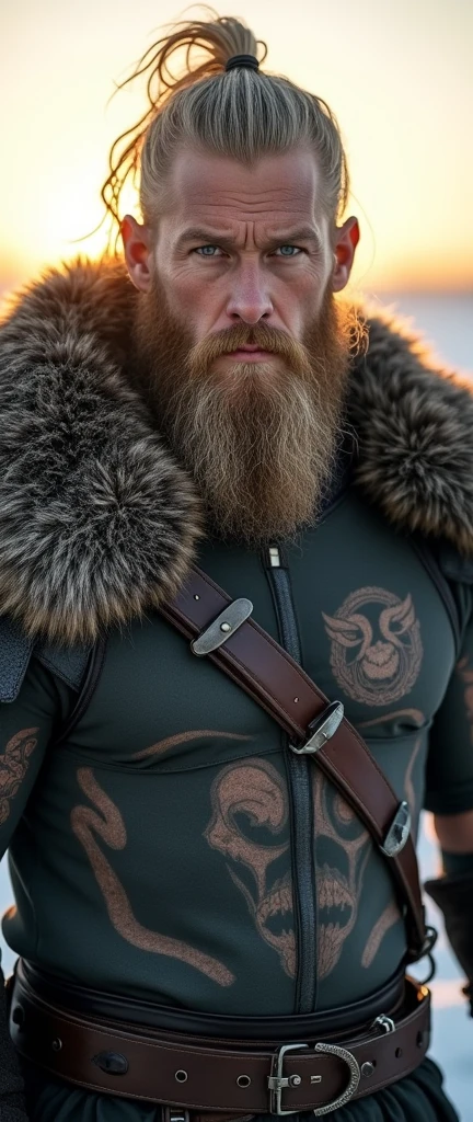 An ultra-realistic and highly detailed photograph of a Viking warrior with his messy blonde hair, masculine face, and wild beard, featuring piercing blue eyes. He is wearing comfortable winter clothing as it is snowing. His body is robust and imposing, with tattoos on his face. He has a serious expression and looks directly at the camera. The scene is set at sunset. The image is captured with a Canon EOS 5D Mark IV paired with an 85mm f/1.4L IS USM lens, ensuring stunning clarity and rich details. The lighting is warm and golden, casting a soft glow on the warrior and the surrounding snowy landscape. The aspect ratio is 9:21, emphasizing the vertical composition 