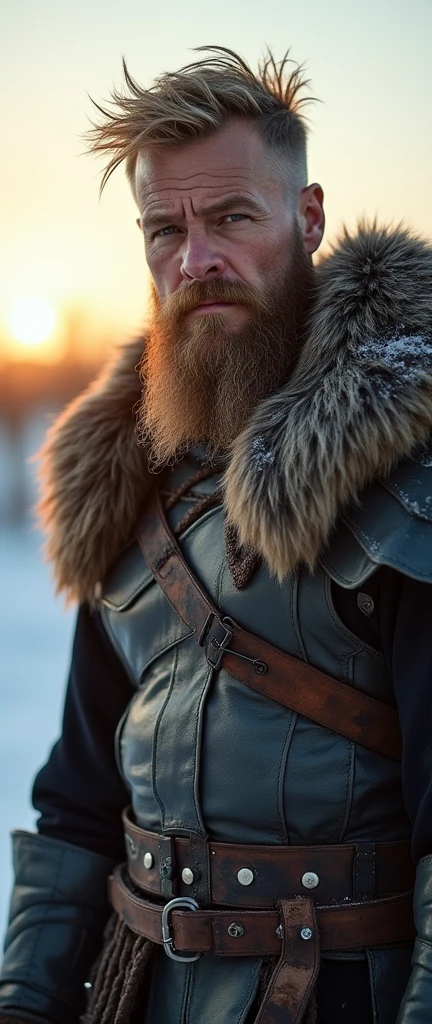 An ultra-realistic and highly detailed photograph of a Viking warrior with his messy blonde hair, masculine face, and wild beard, featuring piercing blue eyes. He is wearing comfortable winter clothing as it is snowing. His body is robust and imposing, with tattoos on his face. He has a serious expression and looks directly at the camera. The scene is set at sunset. The image is captured with a Canon EOS 5D Mark IV paired with an 85mm f/1.4L IS USM lens, ensuring stunning clarity and rich details. The lighting is warm and golden, casting a soft glow on the warrior and the surrounding snowy landscape. The aspect ratio is 9:21, emphasizing the vertical composition 