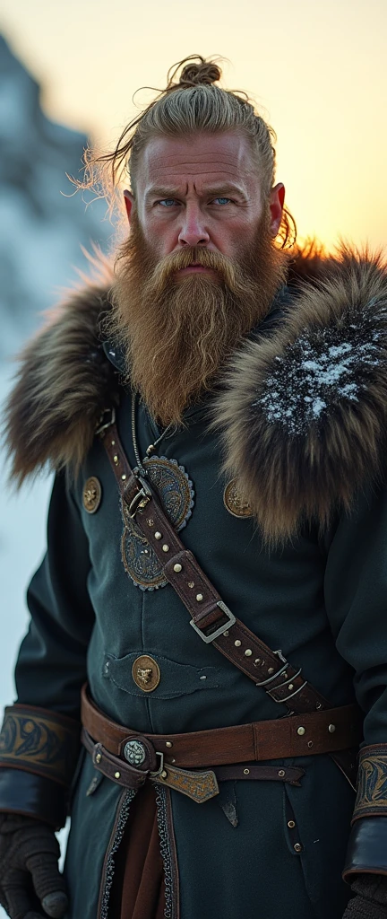 An ultra-realistic and highly detailed photograph of a Viking warrior with his messy blonde hair, masculine face, and wild beard, featuring piercing blue eyes. He is wearing comfortable winter clothing as it is snowing. His body is robust and imposing, with tattoos on his face. He has a serious expression and looks directly at the camera. The scene is set at sunset. The image is captured with a Canon EOS 5D Mark IV paired with an 85mm f/1.4L IS USM lens, ensuring stunning clarity and rich details. The lighting is warm and golden, casting a soft glow on the warrior and the surrounding snowy landscape. The aspect ratio is 9:21, emphasizing the vertical composition