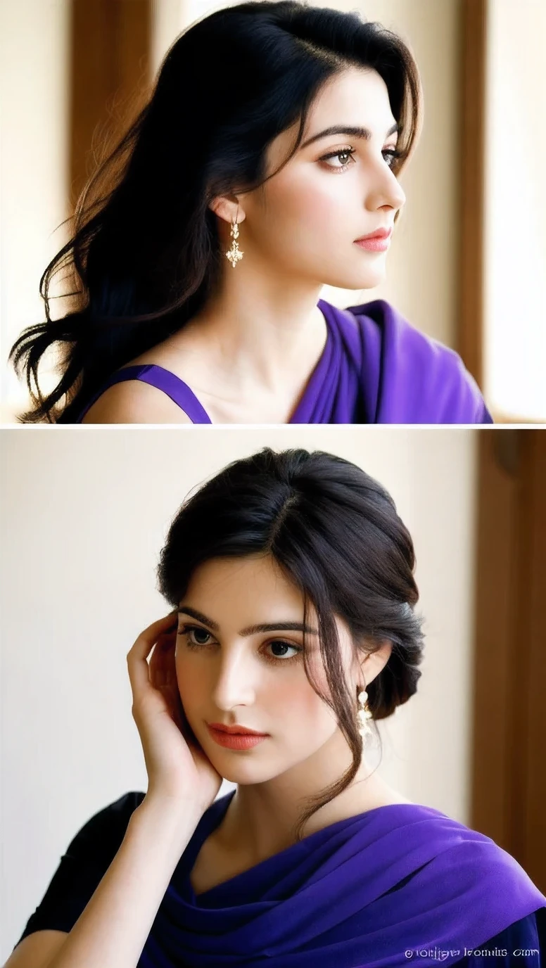 Real image of a milky beautiful pretty indian woman is scared with the handsome indian young man in a spacious room. He is mesmerised by her beauty and falls in love with her. Their beauty is illuminated under soft sunlight. she is wearing lavender georgette saree and he is wearing black suit. he is very masculine and strong. Her black hair is long and ponytail loosely with hair accessories and framing her angelic face. she is looking at him and feels shy.(realistic,photorealistic,photo-realistic:1.37),highly detailed, gorgeous women,beautiful detailed eyes,beautiful detailed lips,beautiful smile,realism style,dynamic pose,full body,8k quality,depth field,wavy long black hair,professional portrait lighting,vivid colors,ultra-sharp focus,soft natural lighting,sophisticated expression,breathtaking composition,subtle background,highres, handsome man,detailed body, 8k quality, full body, maleness, mascular, tall and dark
