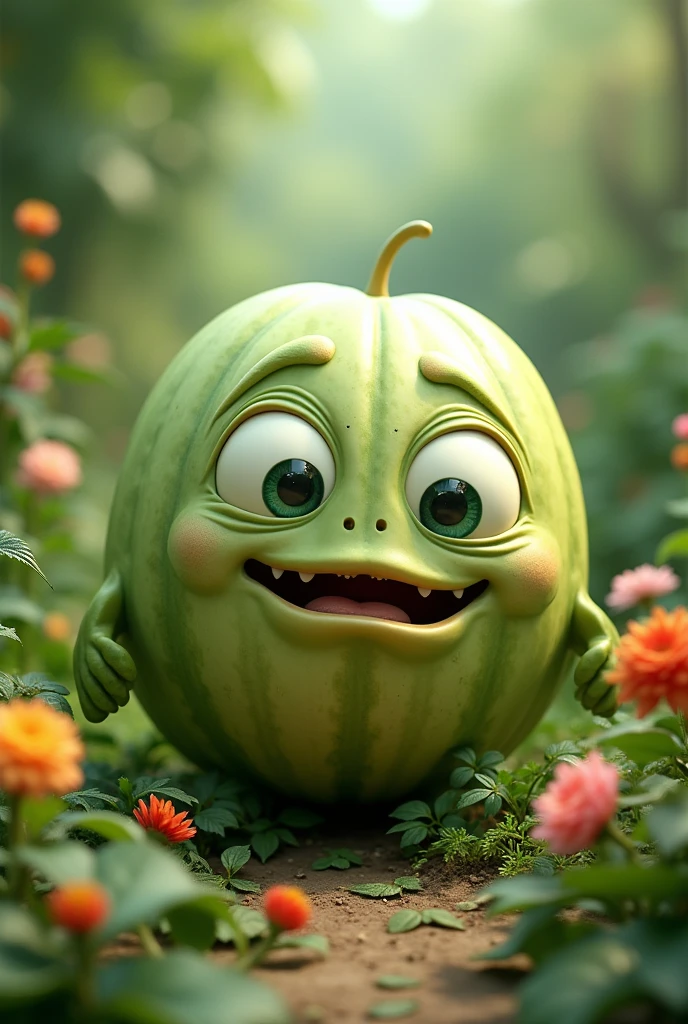 The cunning melon with eyes in the garden