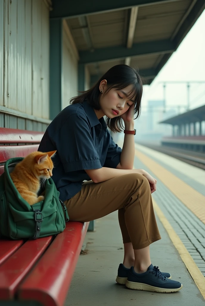 Realistic photography, vintage film,a tired sleepy 29 yo. Japanese woman , medium short mullet messy side hair,wear navy shirt , brown trousers, navy Skechers go walk , is sitting on old red steel bench at train station platform. sHe is carrying a enormous green backpack with American short hair orange chubby cat inside, with her elbow resting on knee and a relaxing expression