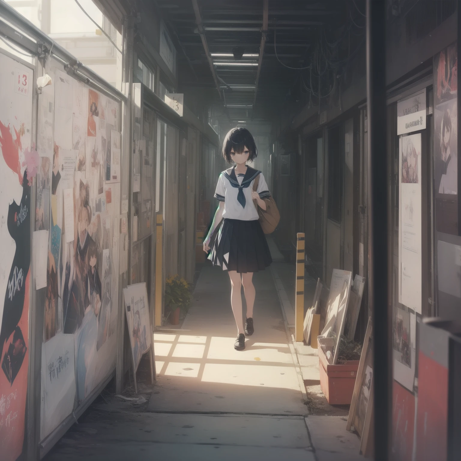ultra-absurdres-Top quality by artist God, ultra-detailed, high resolution, anime moe artstyle, best anime 8k konachan wallpaper, pixiv contest winner, pool:2810, perfect anatomy,break, 1girl, (Please draw a girl walking sleepily to school alone. )break,(Solo,little female, 13-year-old:1.3),Full limbs, complete fingers,a junior high school student, (very short hair), short cut, flat chest, , small butt, small black eyes, beautiful detailed eyes, well-proportioned iris and pupils, expressive eyes, highres detailed hair, soft expression, salor school_uniform, sailor collar, serahuku, bow, pleated skirt,(Detailed Lighting), (Detailed background), in the School commute route. break,super detailed skin, Best cinematic lighting powered by famous artist, 8k,beauty illustration,photoshop_(medium),very aesthetic,break,((artist:izumi_tsubasu )), artist:clamp ,artist:carnelian ,artist:kantoku ,