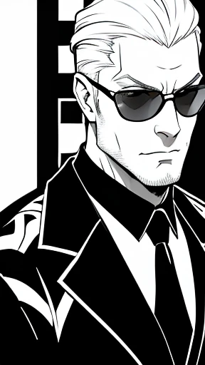 Dot pattern,Black and White,A handsome man with white hair, sunglasses, and slicked back hair,