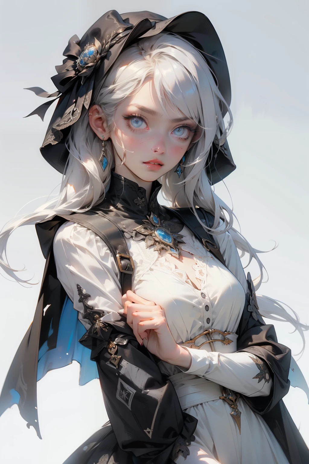 ((best quality)), ((masterpiece)), (detailed), perfect face (((masutepiece, of the highest quality, super detailed))), hand drawn style, hand painted style, watercolour, sketch, a knight, white background, plain background, Bloodborne inspired, tatty Bloodborne attire, occult aesthetic, occult, tatty red and white clothing detailed and intricate steampunk and detailed gothic lolita (with a hood), long coat, Complex laced boots, Fluttering lace flared long knee length dress with frilly petticoats, long dress, knee length dress, pleated petticoats, lolita dress, petticoats gothic lolita, beautiful small breasts, (((( Highly detailed face))), small thin nose, Small thin lips mouth, (((Very sharp focused eyes))), Very large slit precision pale grey eyes that shine like jewels. very long eyelashes, Silver hair swaying in the wind, Emitting a dazzling light in a mandala pattern, white background, Very dramatic and cinematic lighting, tatty damaged old red and white clothing, full body, whole body, body, cosmic horror, grim dark