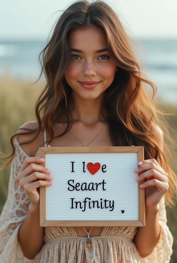 Beautiful girl with wavy long hair, bohemian dress, holding a white board with text "I Love Seaart Infinity" and showing it to the viewer
