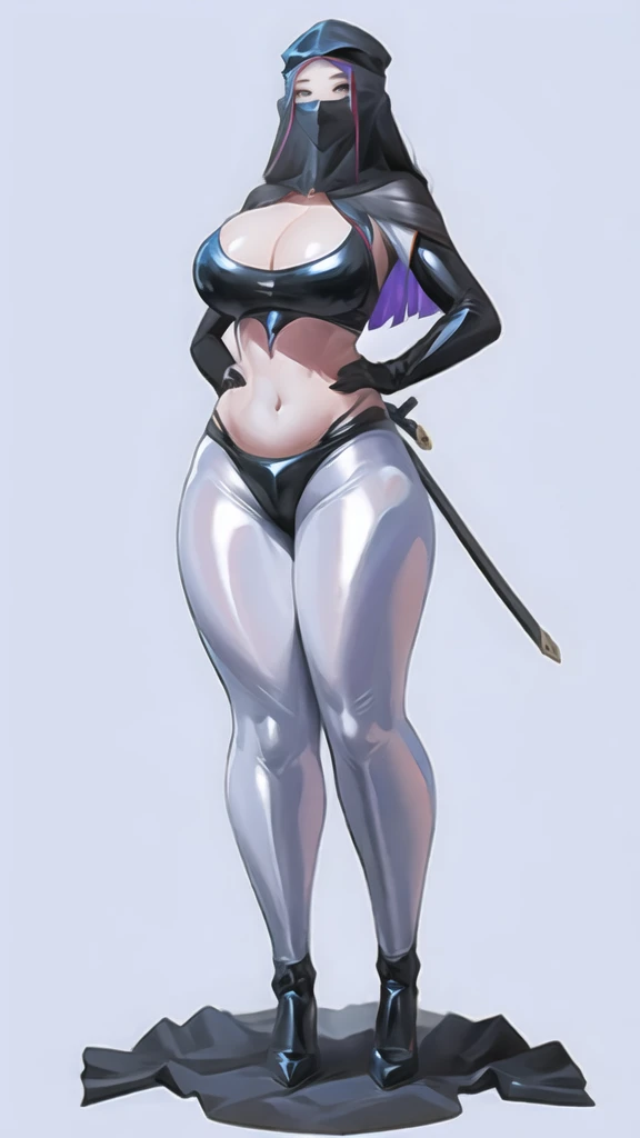 bowei,（lifelike， high - resolution：1.3），full body , 1 girl with a perfect body， Super fine face and eyes，slong hair， midriff of white colors：1.2， silver shiny leggings，face veil,   big boob，Expose cleavage, ninja pose, satin gloves.