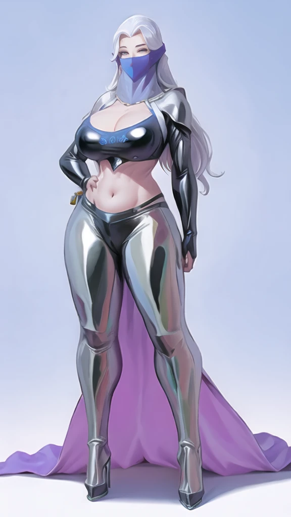 bowei,（lifelike， high - resolution：1.3），full body , 1 girl with a perfect body， Super fine face and eyes，slong hair， midriff of white colors：1.2， silver shiny leggings，face veil,   big boob，Expose cleavage, ninja pose, satin gloves.