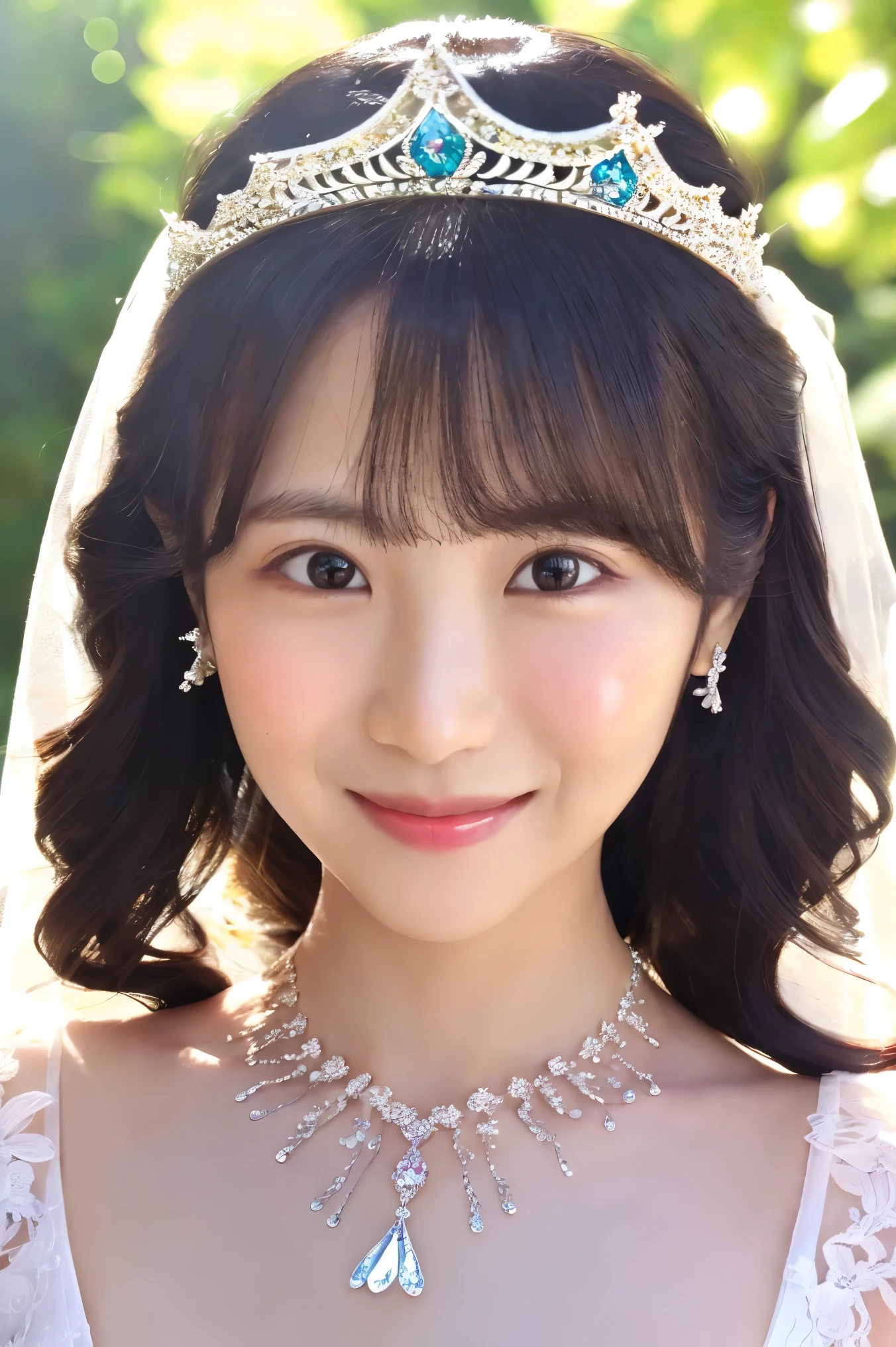 (Highest quality、Tabletop、8k、Best image quality、Award-winning works)、Beautiful Bride、(alone:1.1)、(The most extravagant and gorgeous huge pure white wedding dress:1.2)、(Perfect Wedding Lace:1.2)、(The most gorgeous and luxurious giant tiara:1.3)、(The most extravagant and luxurious giant necklace:1.3)、(A gorgeous bouquet:1.3)、The finest jewellery decoration、Perfect Makeup、Long eyelashes、Ultra HD Shining Eyes、Ultra HD Hair、Ultra High Resolution Glossy Lips、Beautiful face in ultra-high definition、(Accurate anatomy:1.1)、Very bright and beautiful skin、very bright and vivid、(Perfect Short Bridal Hairstyles:1.3)、(Front facing body:1.1)、(The most refreshing and beautiful forest background:1.1)、(Small breasts:1.1)、(Small breastsの谷間:1.1)、(Perfect beautiful bridal photos:1.1)、Cute Smile、(Face close-up:1.1)