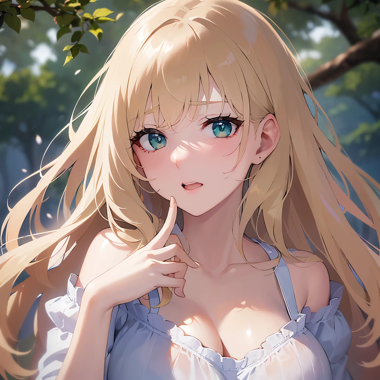 cover your face with both hands、Cleavage、Biologically correct five fingers、Upper Body, Realistic, real person, (pale skin: 1.2), RAW photo, photorealistic, shiny skin, shiny hair、(A 25-year-old woman with medium-length hair and bangs) and (wavy hair) and (Blonde Hair) and (green eyes) , BREAK (white) and (off shoulder blouse) BREAK 、 (embarrassed:1.5), The background is a park、Alone、Are standing