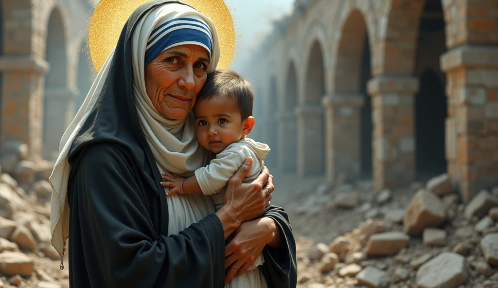 Blessed Teresa of Calcutta, black robe, cinched waist, white scarf, Hugging a baby, standing amidst ruins of war, (best qualityer,4K,8k,high resolution,work of art:1.2), ultra detali, (realisitic,photorealisitic,photo-realisitic:1.37), soft lighting, soft shades, beautiful detailed eyes, compassionate smile, serene expression, golden halo, intricate folds in the mantle, weathered textures in the ruins, somber atmosphere, divine grace, bright coloured, pictorial portrait, sacred aura.