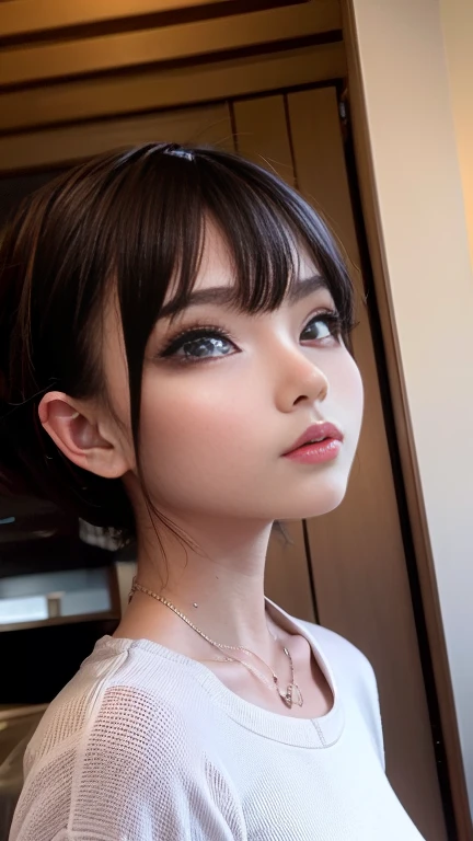 Curly Bob Kat, Realistic, orange shirt,A black-haired woman is taking pictures in the city., High resolution,High resolution, 8kアートクロックボケ, well-proportioned body, 美しいJapanese女性, Gorgeous Necklace, Be careful with your chest,美しい若いJapanese女性, Soft Portrait Shot 8k, Japanese, Double eyelids and narrow eyes, beautiful grey eyes, 8k, Cute young woman, Japanese女性,