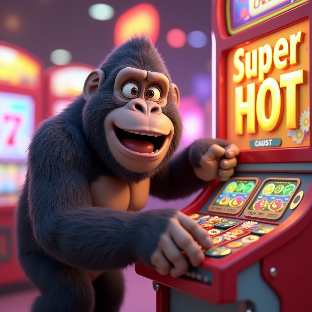 gorilla、Playing pachinko、The words "Super Hot" appear on the screen of a pachinko machine、gorillaの後ろから撮っている、looking at the camera、smile、3D Animation