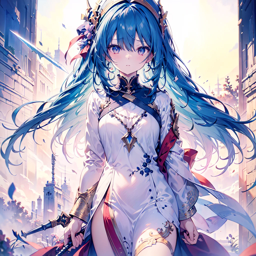 1girl,Super detailedな顔、Delicate hair、Masterpieces of art、(((Perfect Anatomy、Highest quality、Masterpiece、Official Art、Super detailed、Delicate lines、Dynamic composition、X Composition、S composition、Triangular composition、Square Composition)))、Dark fantasy heroine、Fantasy、Anime Style、Original hairstyle、Original clothing、Neon Color Palette、Absurd、Holding a giant sword with both hands、