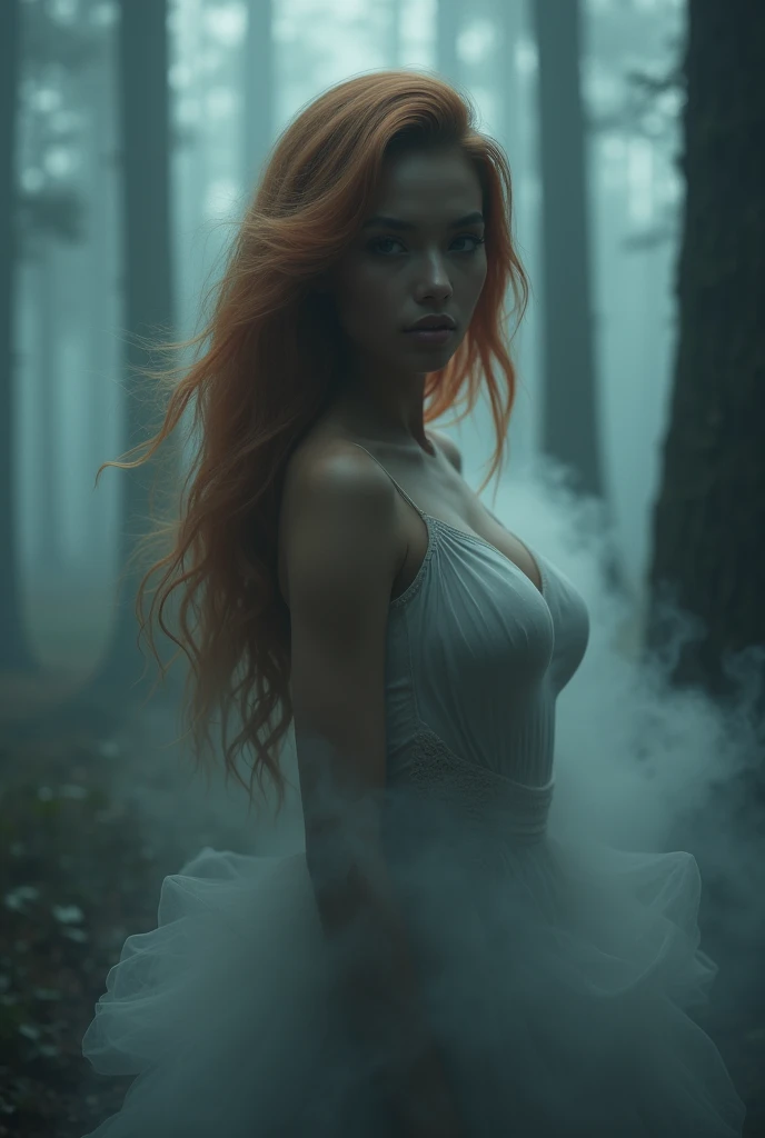 a beautiful very dark tanned woman with perfect and detailed eyes, orange-hair, beautiful detailed lips, colossal breasts, extremely detailed eyes and face, long eyelashes, intricate facial features, Porcelain skin, elegant expression, Mysterious look, cinematic lighting, high quality 3d rendering, photorealistic, hyperdetailed, masterpiece, Digital art, Conceptual art, Generate a full body image of a sexy dark tanned Malaysian girl in underwear, with the body composed of a dense fog. The fog should be thick and detailed, forming the curves of the body in a mysterious and suggestive way. The face must be visible, but the rest of the body must appear ethereal and nebulous, merging with the environment in a soft and elegant way. The background must be a dark forest, with dark trees and an eerie atmosphere. The image must have a very deep depth of field, making the girl in the foreground stand out clearly against the blurry forest background