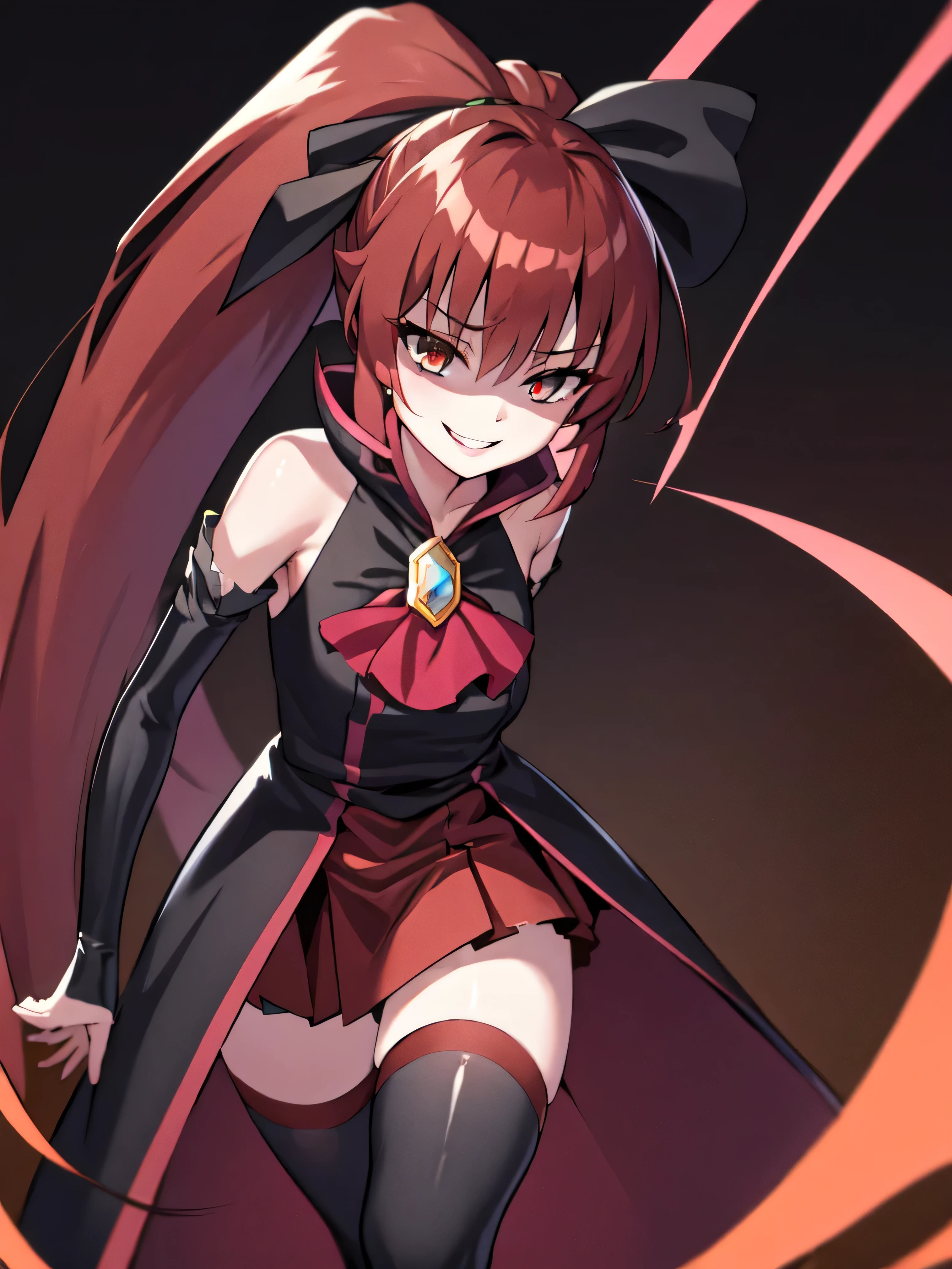 Highest quality, masterpiece, One Girl,Not beautiful, Red Ponytail, Long dress, brooch, Hair Ribbon, Black knee socks, Standing on the rubble, (Evil smile:1.1), ,,Dark shadow face,Sadistic smile,Malice,Contempt,smile,latex,Bad face,,Red Skirt,both hands,Two legs,Five Fingers,Evil background,Elbow hand pockets,latex, Evil smile, Debish Aura (Shiny fabric:1.5),Dark world background,独奏,