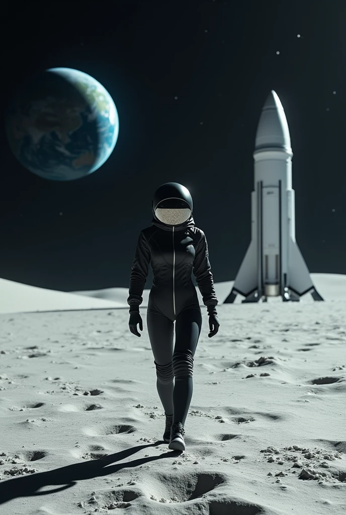 Astronaut, Black suit, walk on The moon, giant spacecraft landed behind her, earth on The Horizon. Cinema style, 4k, great angular