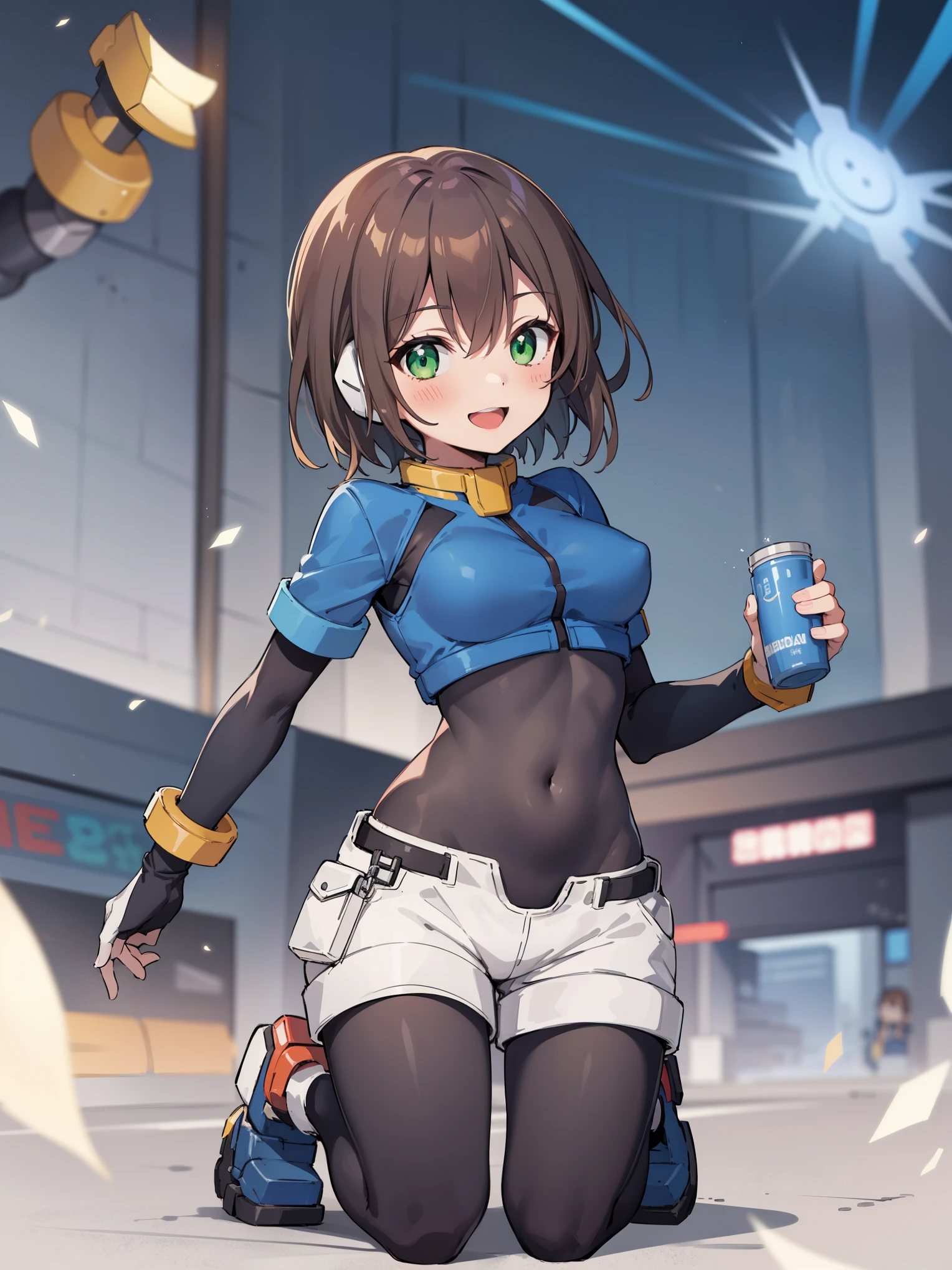 aile_megamanzx, kneeling with one hand on the ground and the other arm raised, 1girl, solo, short hair, brown hair, short sleeves, (bodysuit), robot ears, green eyes, short_shorts, short sleeves, short over long sleeves, smile, in futuristic city, , high quality, medium_breasts,crotch, slouch