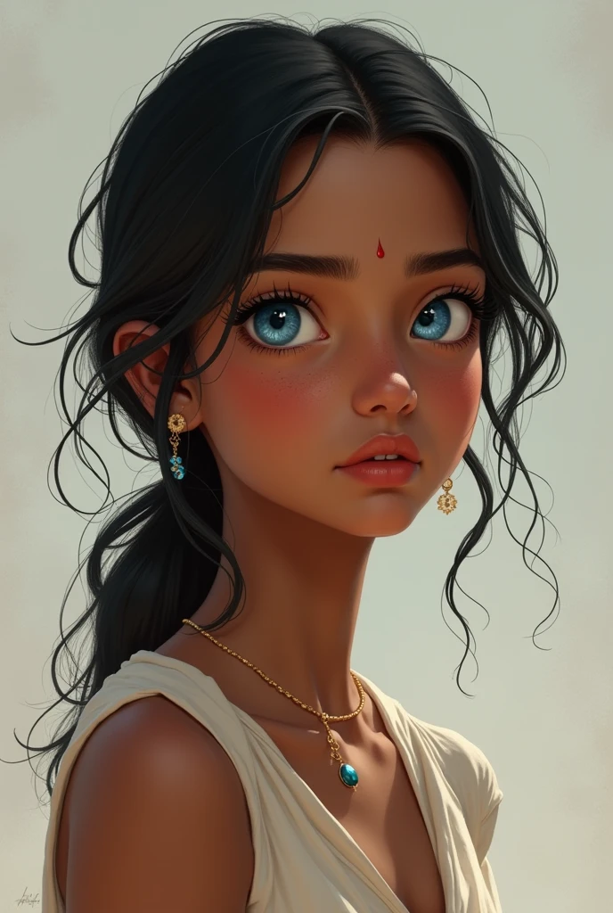 Generate a beautiful Indian girl dark skinned wearing casual wear having blue eyes skinny and shyness on her face